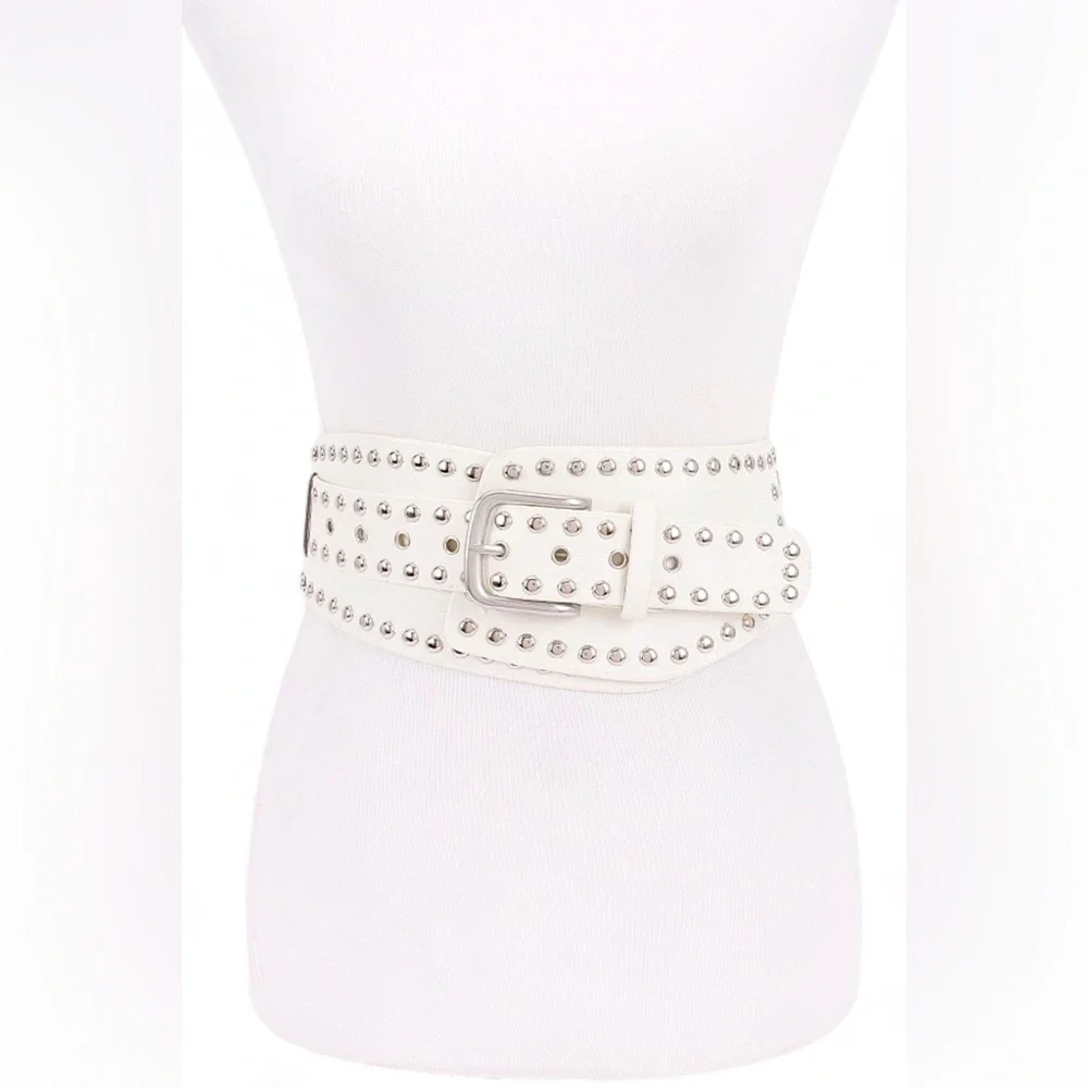 Vegan Leather Studded Statement Belt - Black, Brown, White